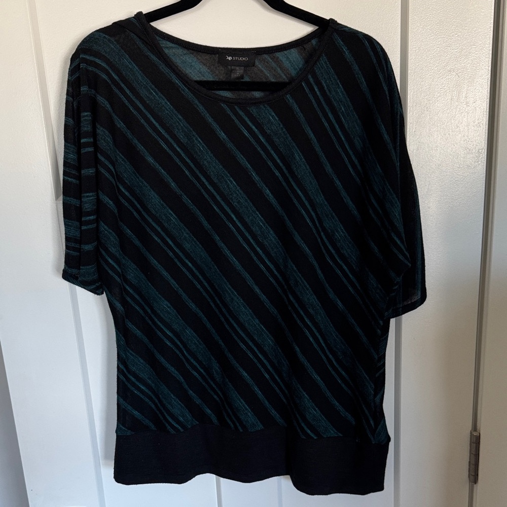 AB Studio Black and Teal Striped Lightweight Short Sleeve Sweater